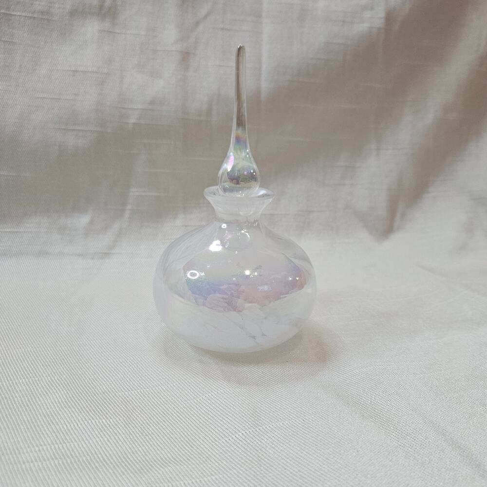Vintage Handblown Iridescent Opalescent Art Glass Perfume Bottle with Stopper 6"